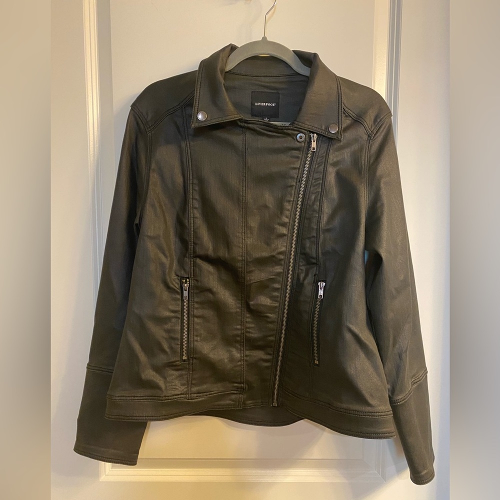Large, charcoal black, stretch denim motor jacket.